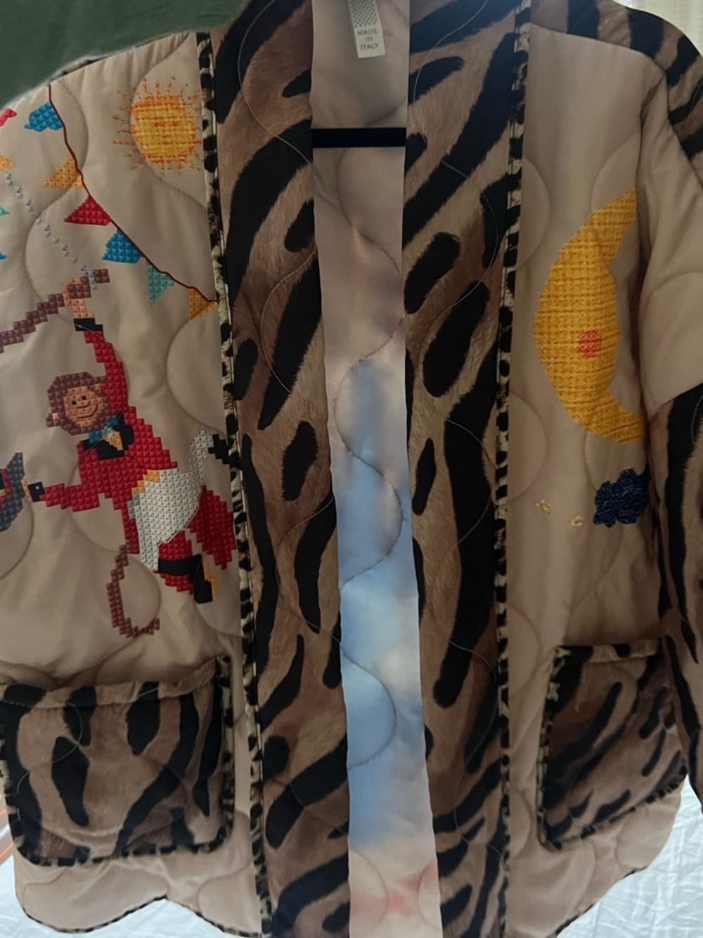 Beige Quilted Bomber Jacket with Animal-Print Trim